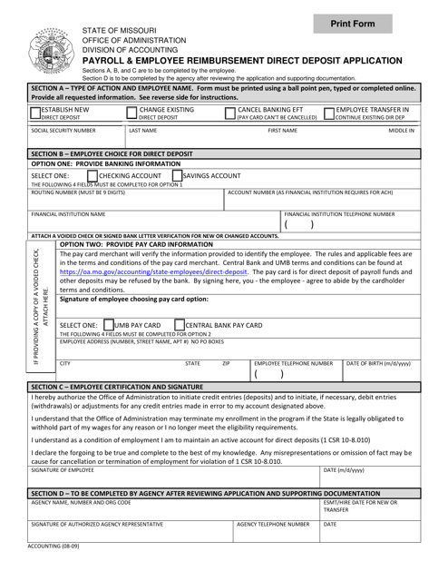 Payroll & Employee Reimbursement Direct Deposit Application - Missouri Download Pdf