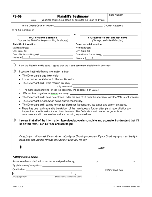 Form PS-09 Plaintiff's Testimony - Alabama