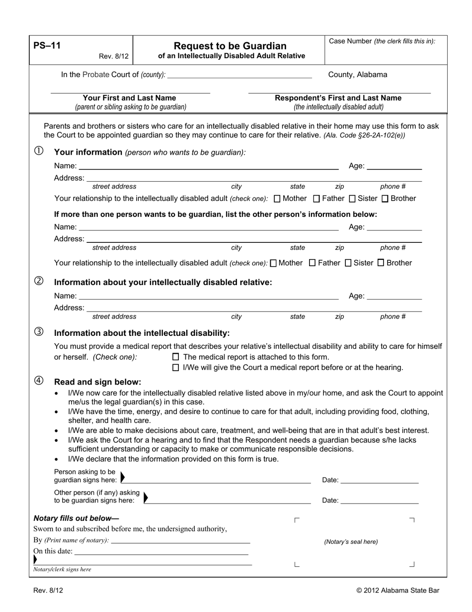 Form PS-11 Request to Be Guardian of an Intellectually Disabled Adult Relative - Alabama, Page 1