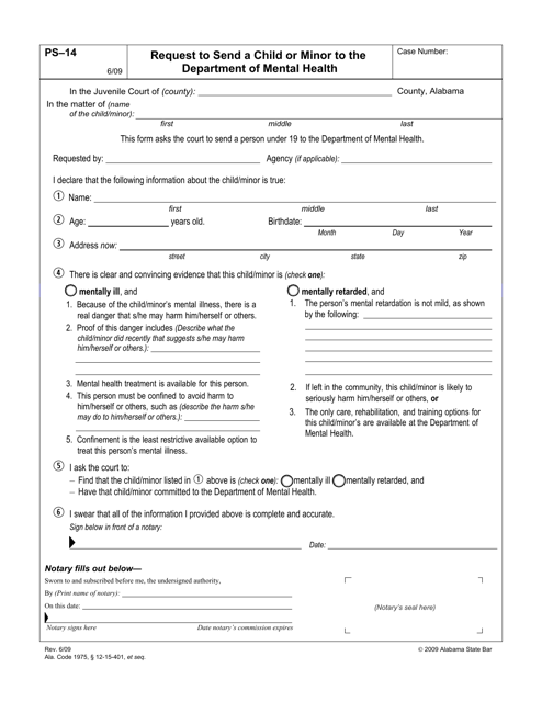 Form PS-14 Request to Send a Child or Minor to the Department of Mental Health - Alabama