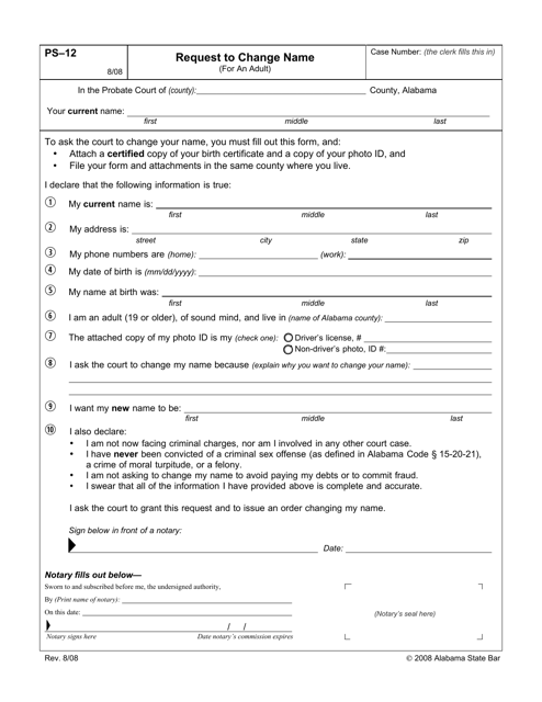 Form PS-12 Request to Change Name - Alabama