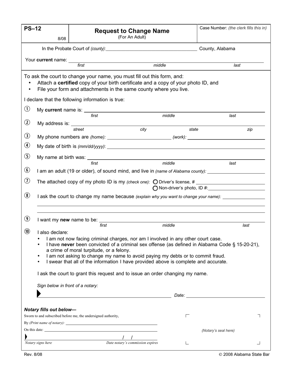 Form PS-12 Request to Change Name - Alabama, Page 1