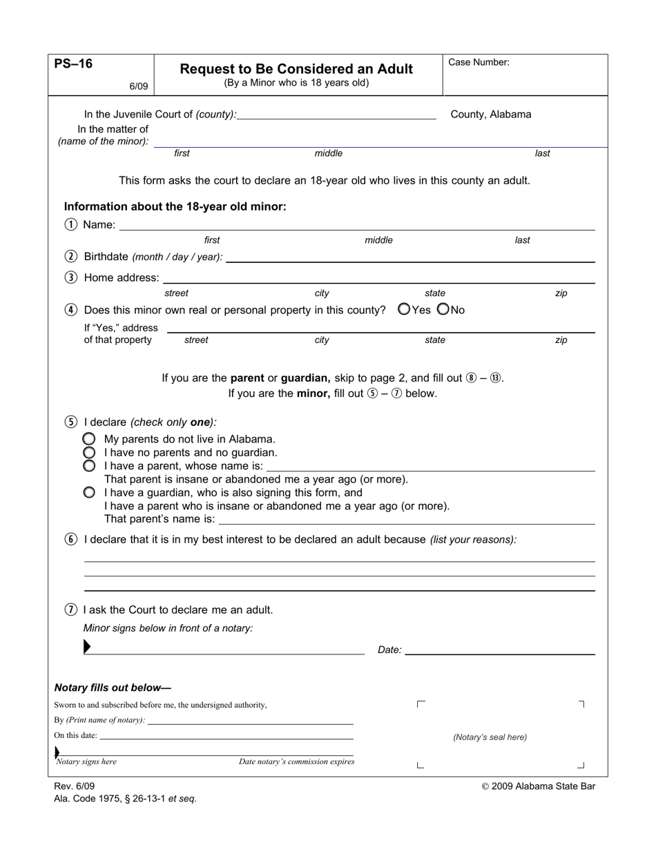 Form PS-16 Request to Be Considered an Adult - Alabama, Page 1