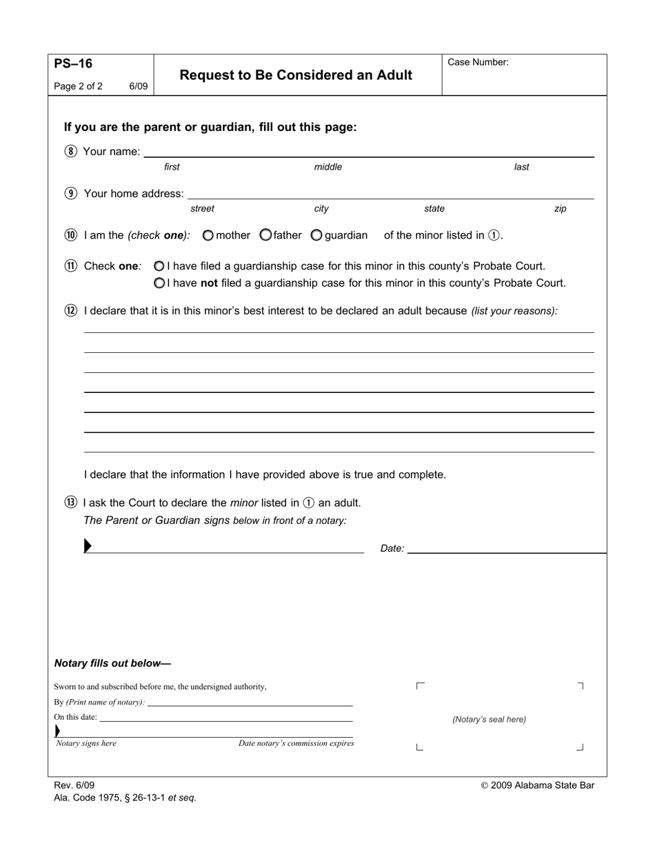 Form PS-16 Request to Be Considered an Adult - Alabama, Page 2