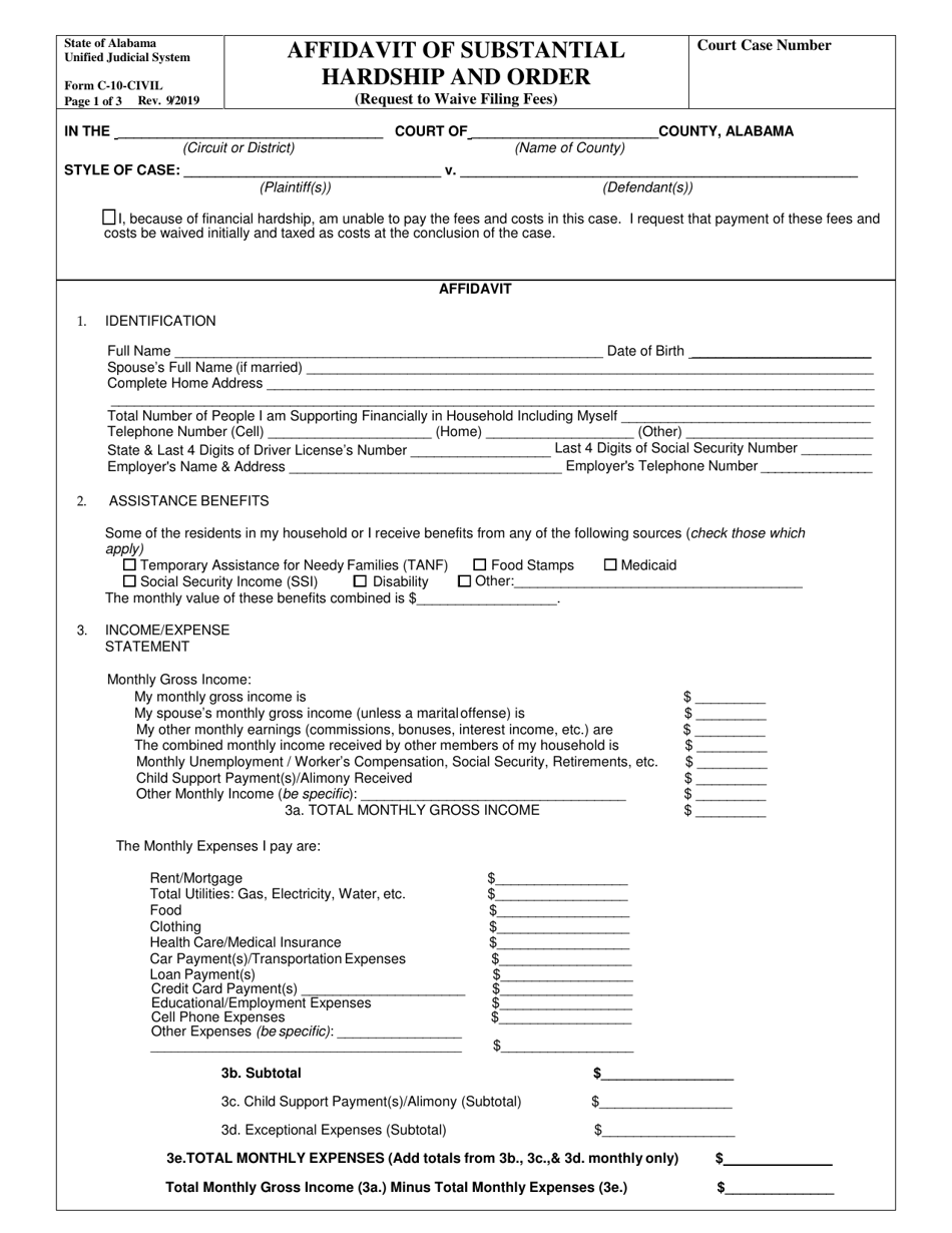 Form C-10-CIVIL Affidavit of Substantial Hardship and Order - Alabama, Page 1