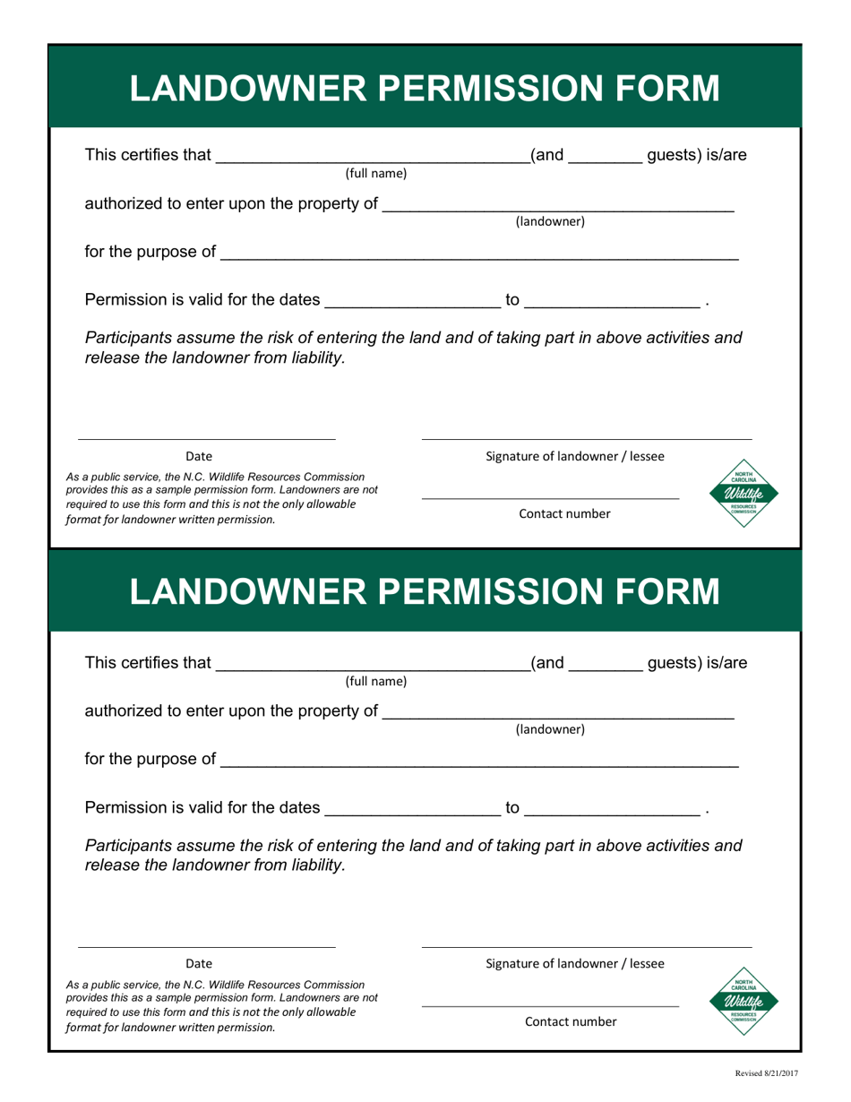 Landowner Permission Form - North Carolina, Page 1