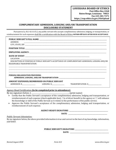 Form 413 Complimentary Admission, Lodging and/or Transportation Disclosure Statement - Louisiana
