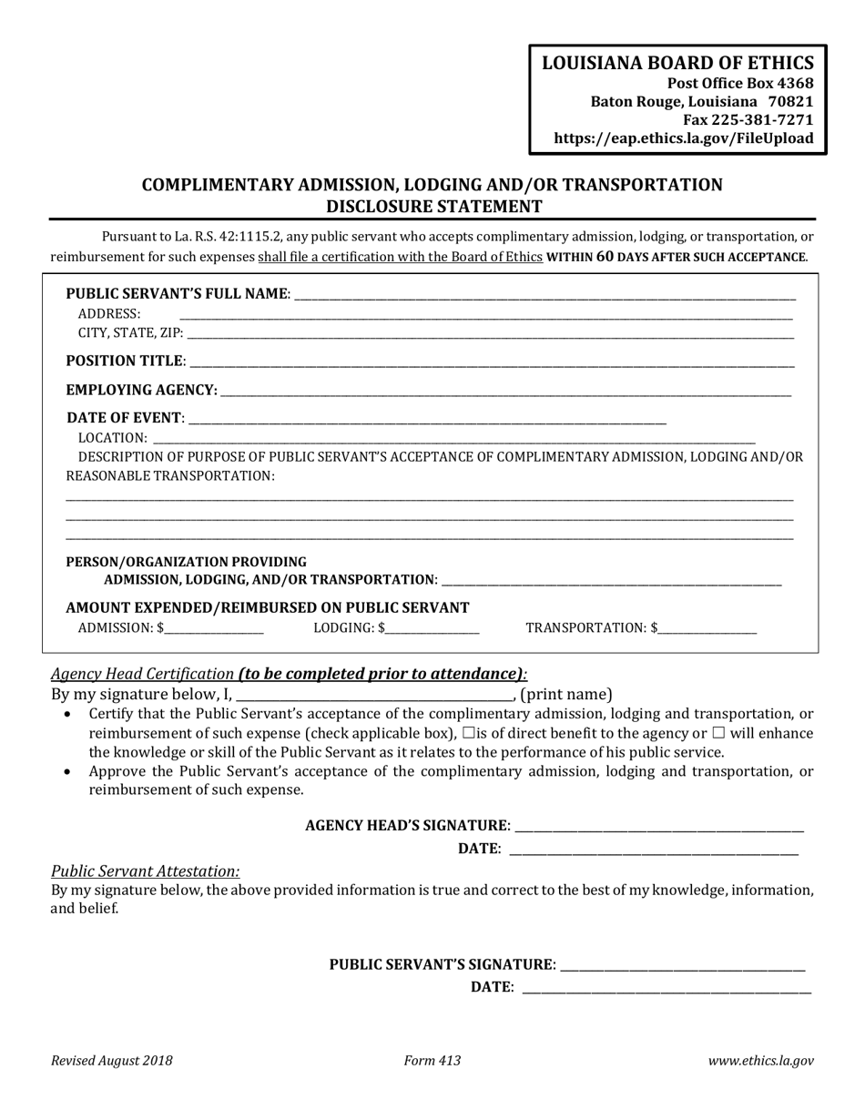 Form 413 Complimentary Admission, Lodging and / or Transportation Disclosure Statement - Louisiana, Page 1