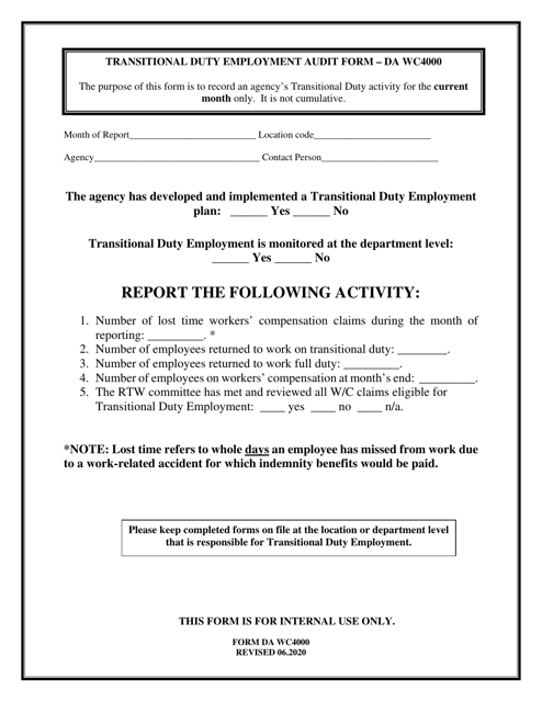 Form DA WC4000 Transitional Duty Employment Audit Form - Louisiana