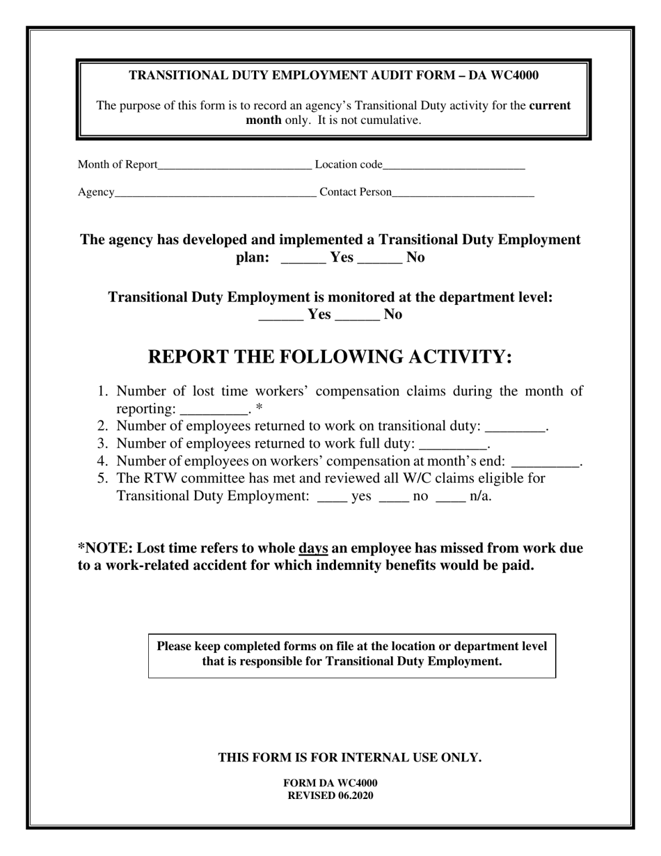 Form DA WC4000 Transitional Duty Employment Audit Form - Louisiana, Page 1