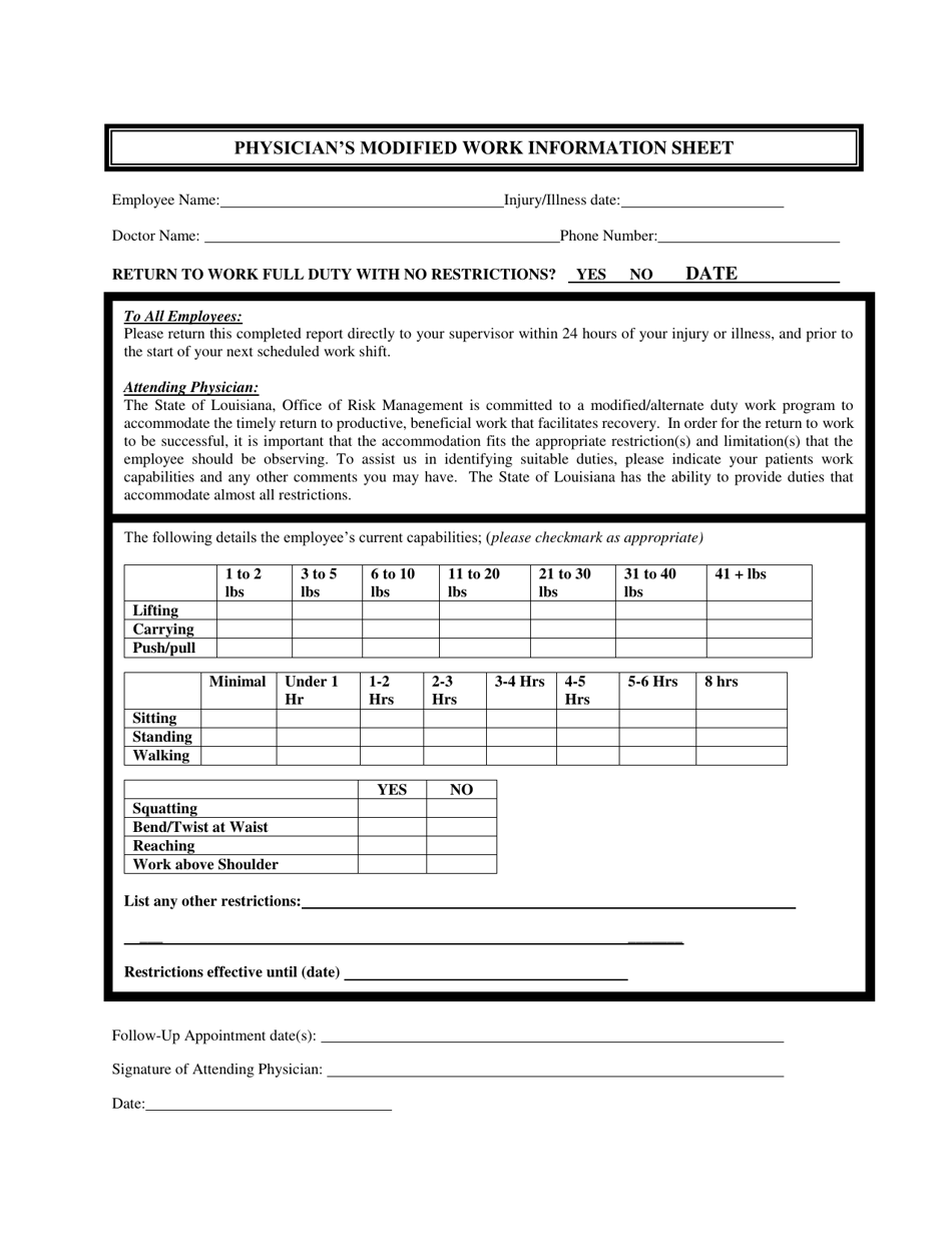 Physicians Modified Work Information Sheet - Louisiana, Page 1
