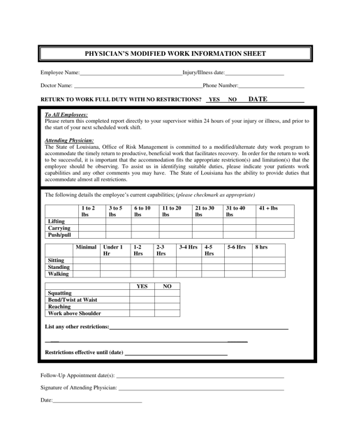 Physician's Modified Work Information Sheet - Louisiana Download Pdf