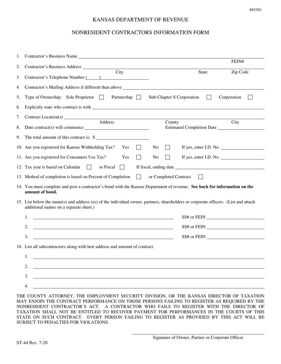 Form ST-44 Nonresident Contractors Information Form - Kansas, Page 1