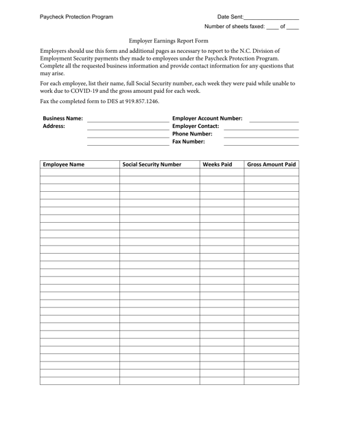 Employer Earnings Report Form - North Carolina Download Pdf