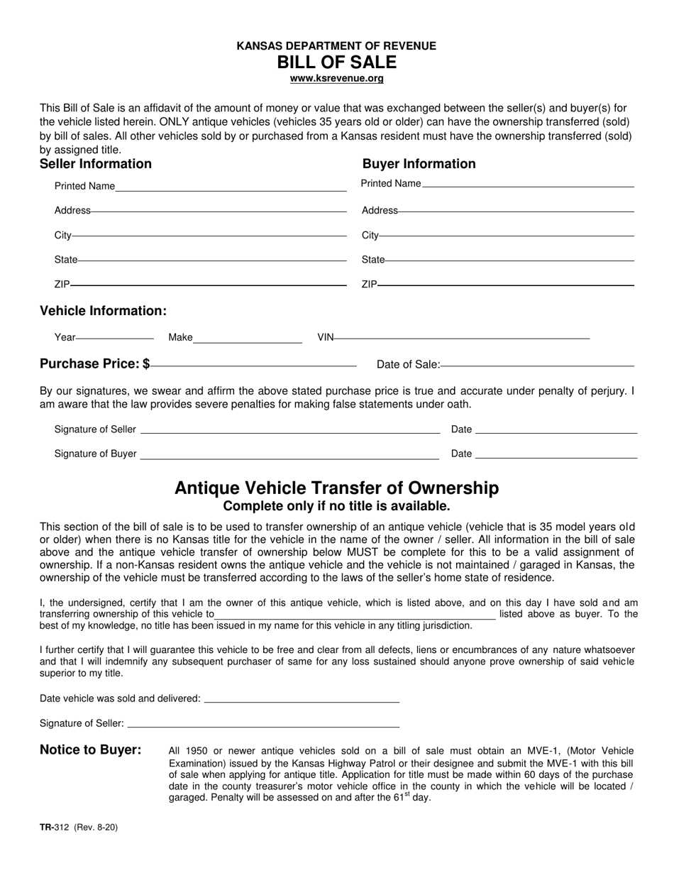 Form TR-312 Bill of Sale - Kansas, Page 1