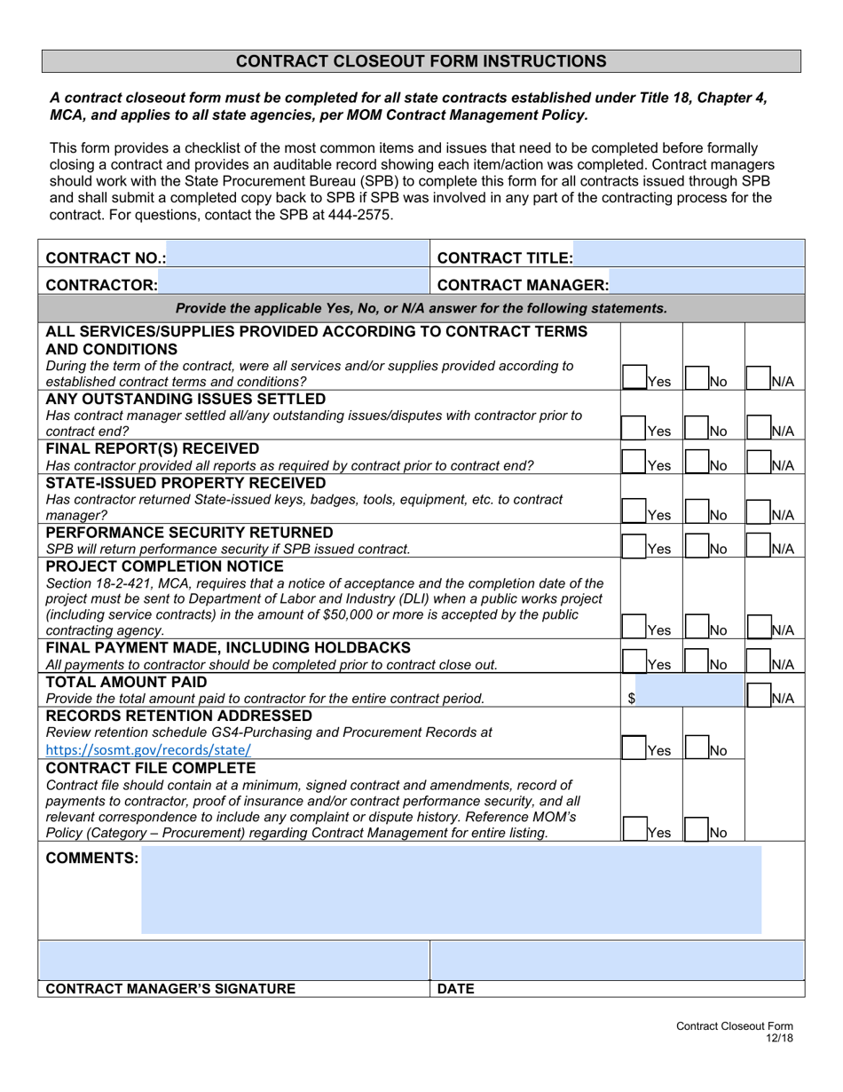 Contract Close-Out Form - Montana, Page 1