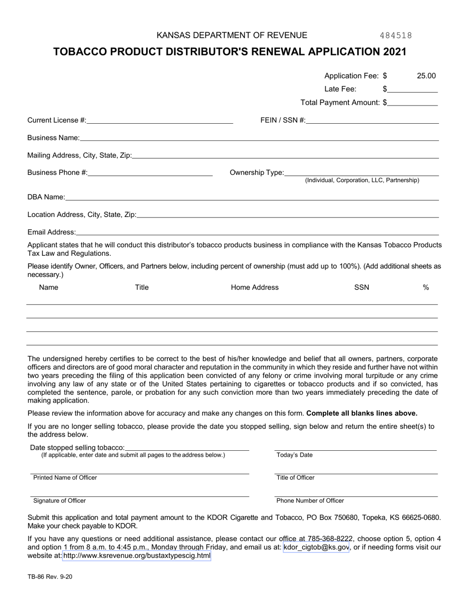 Form TB-86 Tobacco Product Distributors Renewal Application - Kansas, Page 2