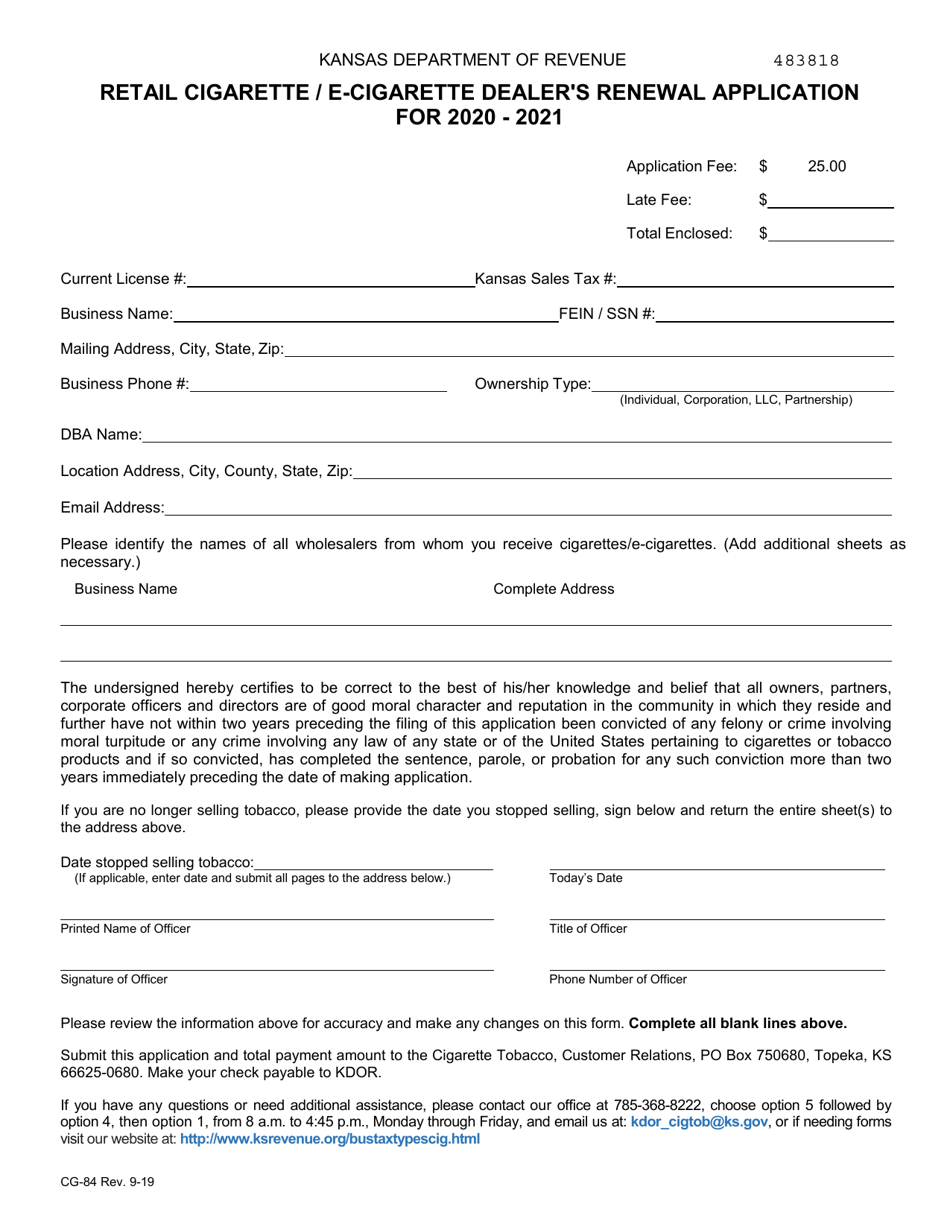 Form CG-84 Retail Cigarette / E-Cigarette Dealers Renewal Application - Kansas, Page 2