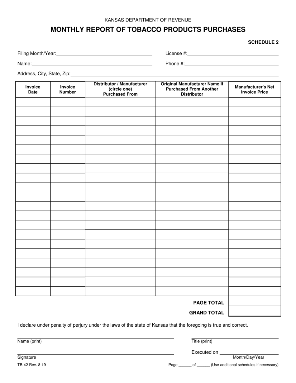 Form TB-42 Monthly Report of Tobacco Products Purchases - Kansas, Page 1