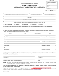 Form TB-84 Tobacco Products Application for Distributor's Licenses - Kansas