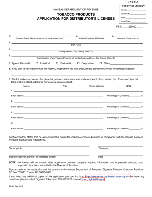 Form TB-84 Tobacco Products Application for Distributor's Licenses - Kansas