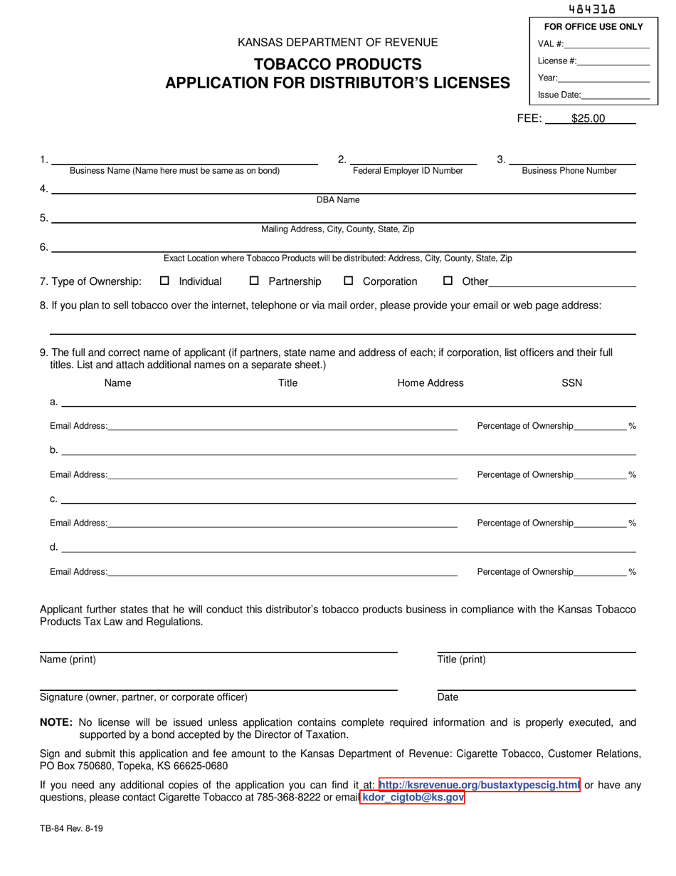 Form TB-84 Tobacco Products Application for Distributors Licenses - Kansas, Page 1