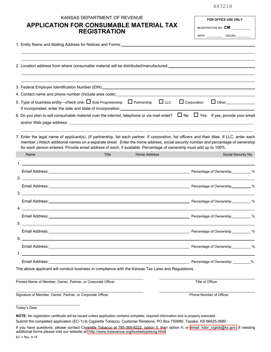 Form EC-1 Application for Consumable Material Tax Registration - Kansas, Page 1