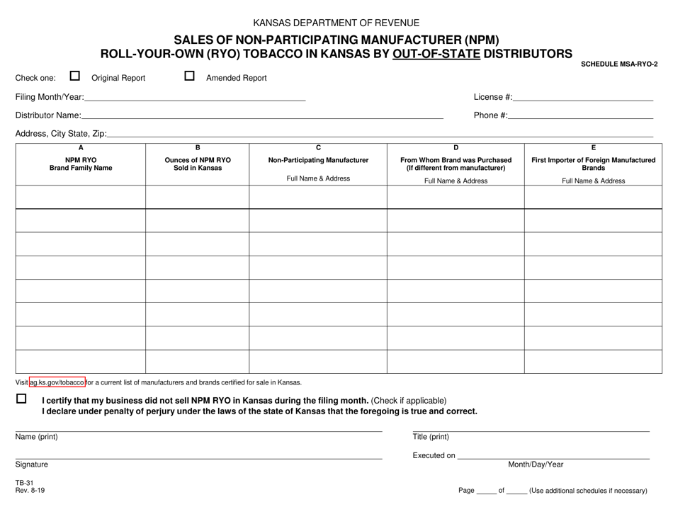 Form TB-31 Schedule MSA-RYO-2 Sales of Non-participating Manufacturer (Npm) Roll-Your-Own (Ryo) Tobacco in Kansas by Out-of-State Distributors - Kansas, Page 1