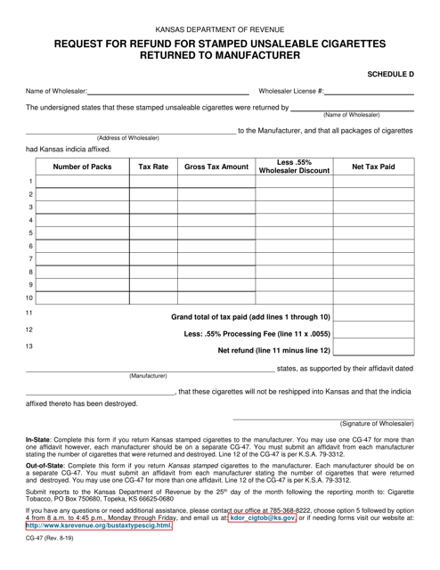 Form CG-47 Schedule D Request for Refund for Stamped Unsaleable Cigarettes Returned to Manufacturer - Kansas