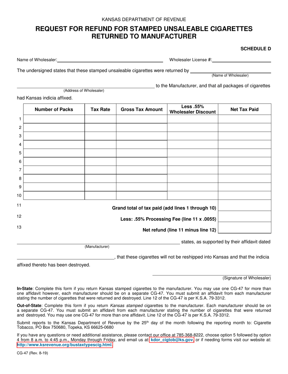Form CG-47 Schedule D Request for Refund for Stamped Unsaleable Cigarettes Returned to Manufacturer - Kansas, Page 1