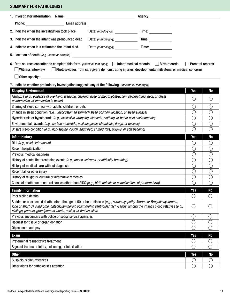 Sudden Unexpected Infant Death Investigation Reporting Form, Page 11