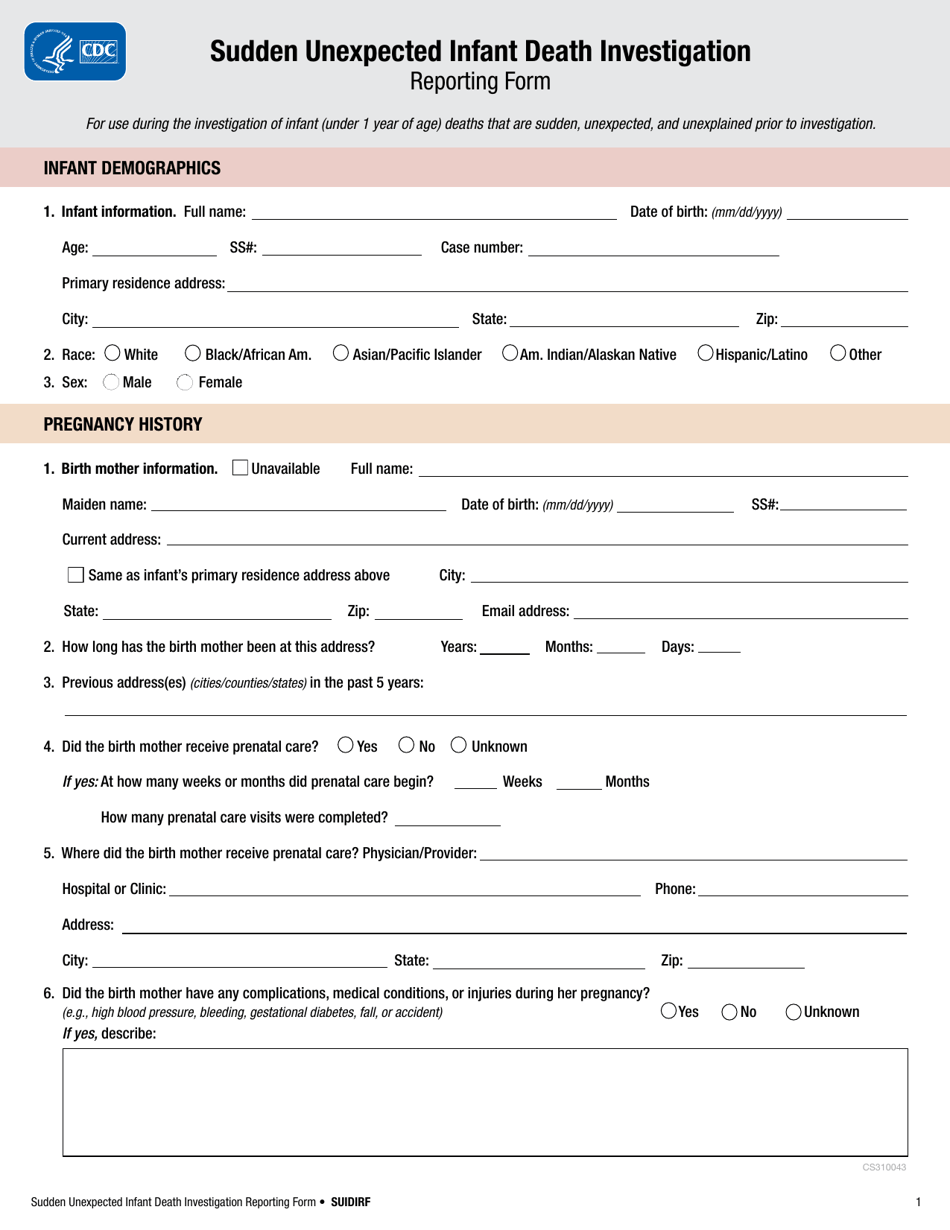 Sudden Unexpected Infant Death Investigation Reporting Form, Page 1