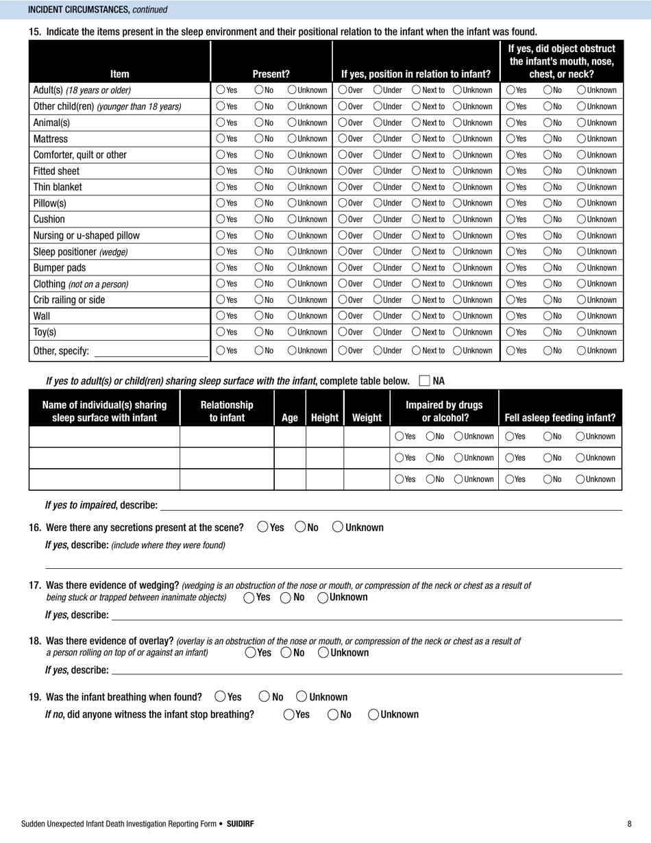 Sudden Unexpected Infant Death Investigation Reporting Form, Page 8