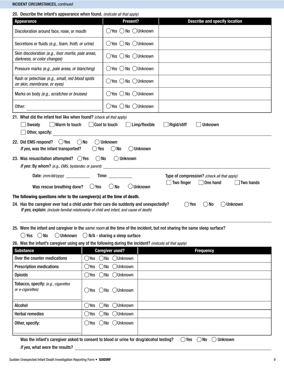 Sudden Unexpected Infant Death Investigation Reporting Form, Page 9