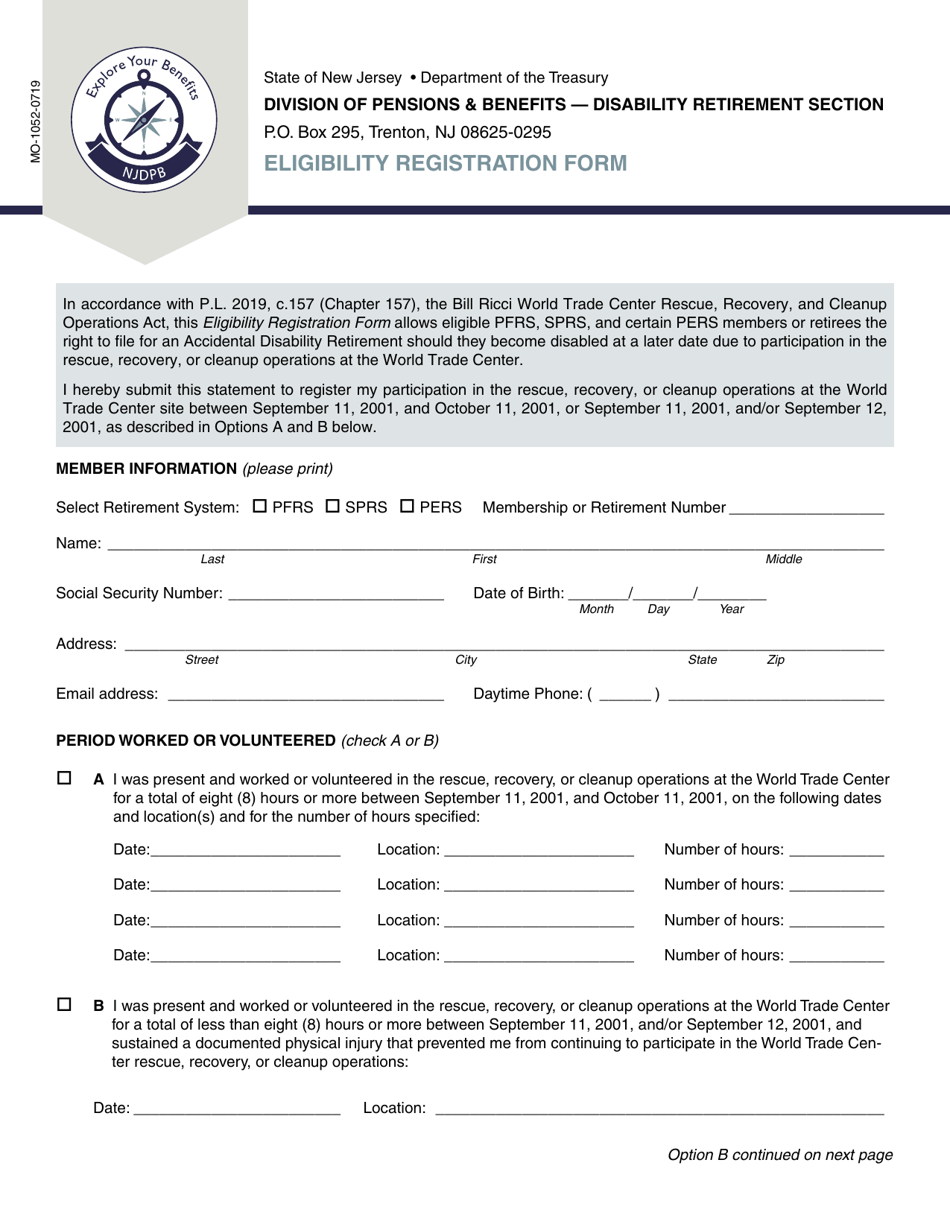 Form MO-1052 Eligibility Registration Form - New Jersey, Page 1