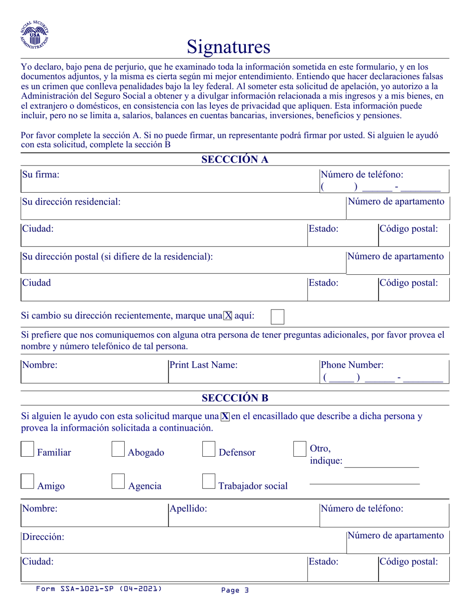Formulario SSA-1021-SP Apelacion De La Determinacon Por El Beneficio Adicional De Ayuda Para Los Costos Por Medicamento De Medicare (Spanish), Page 3