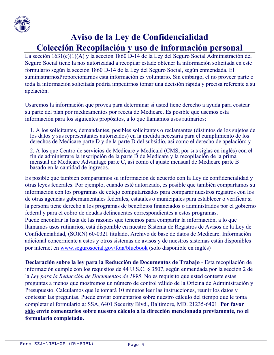 Formulario SSA-1021-SP Apelacion De La Determinacon Por El Beneficio Adicional De Ayuda Para Los Costos Por Medicamento De Medicare (Spanish), Page 4