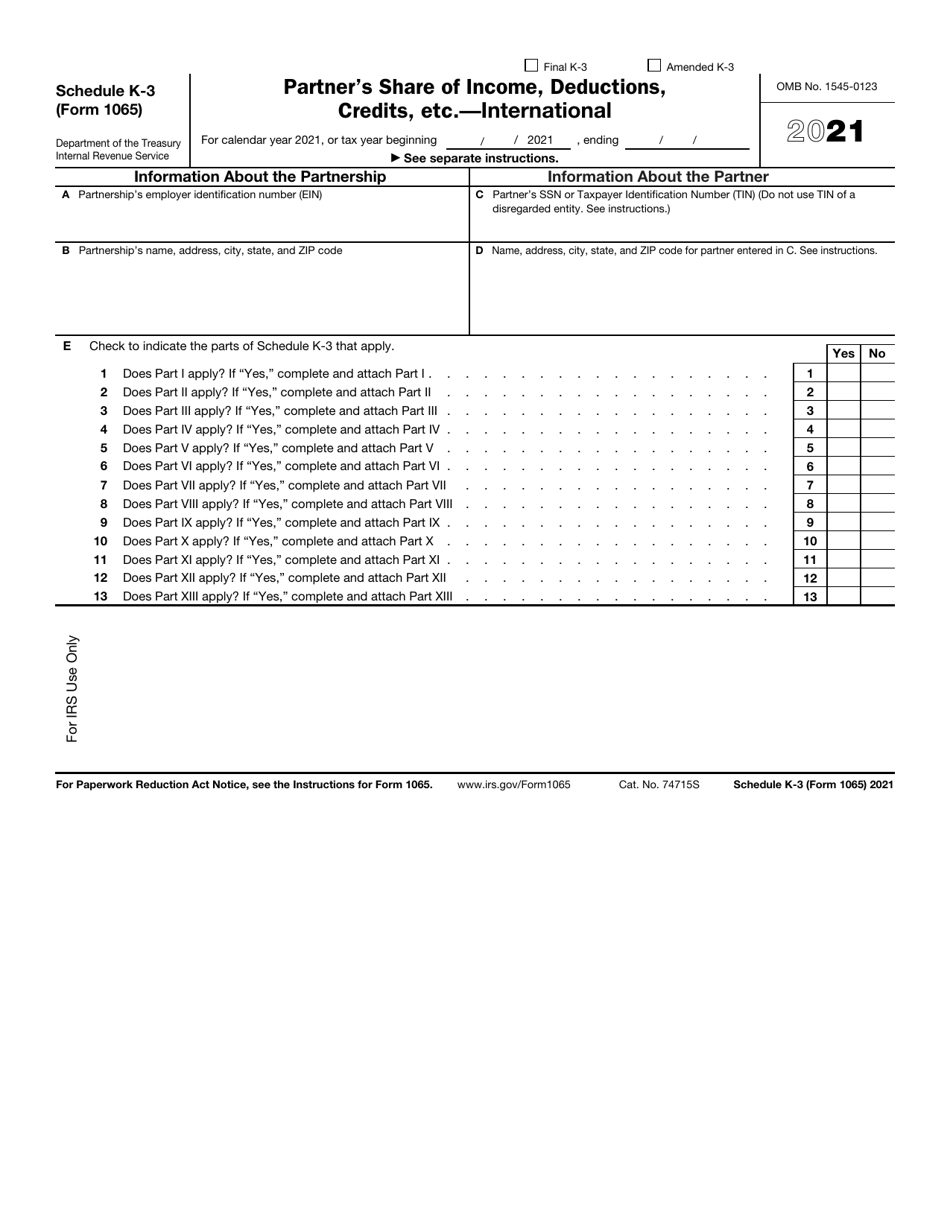 IRS Form 1065 Schedule K-3 Partners Share of Income, Deductions, Credits, Etc. - International, Page 1