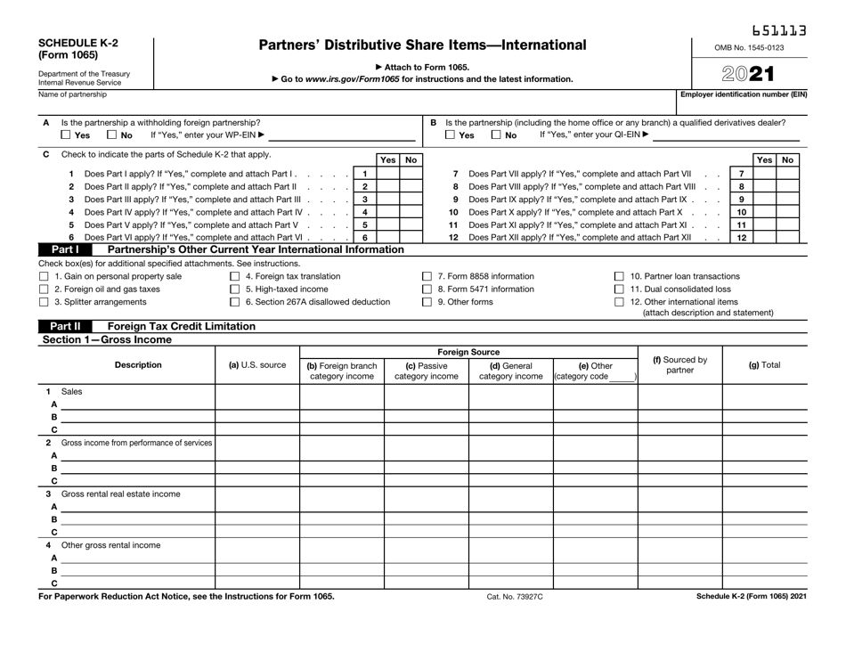IRS Form 1065 Schedule K-2 Partners Distributive Share Items - International, Page 1