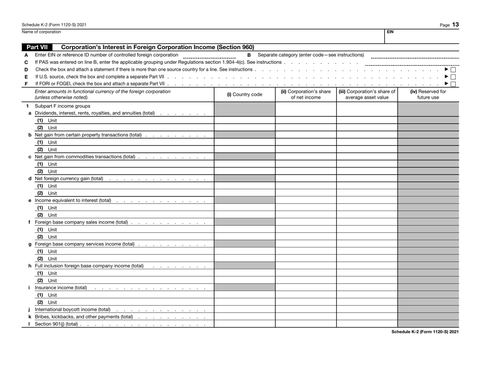 IRS Form 1120-S Schedule K-2 Shareholders Pro Rata Share Items - International, Page 13