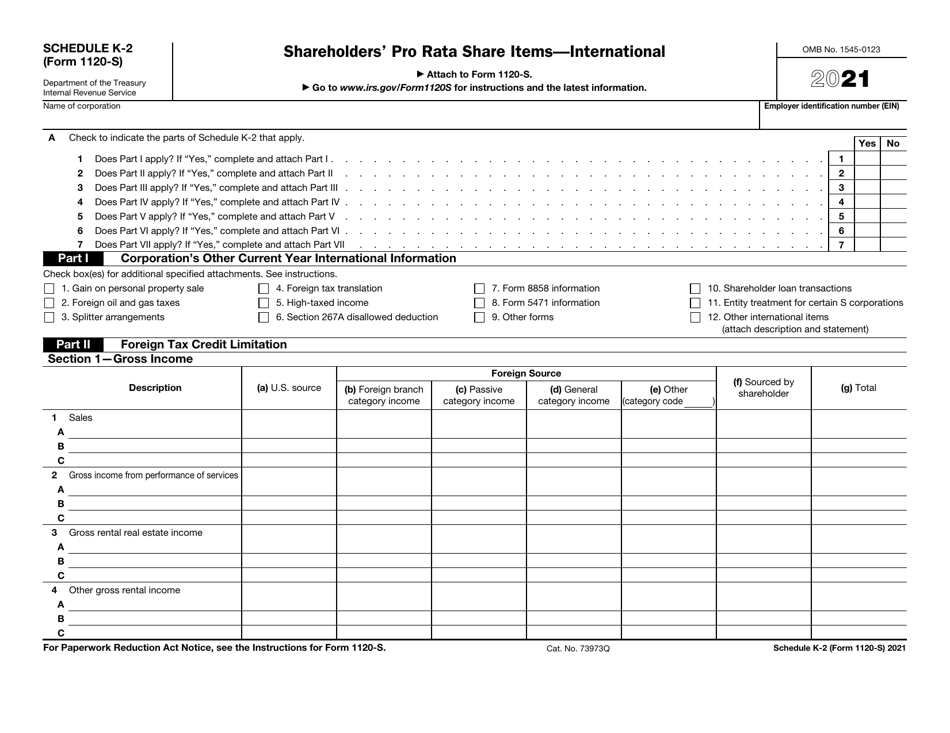 IRS Form 1120-S Schedule K-2 Shareholders Pro Rata Share Items - International, Page 1