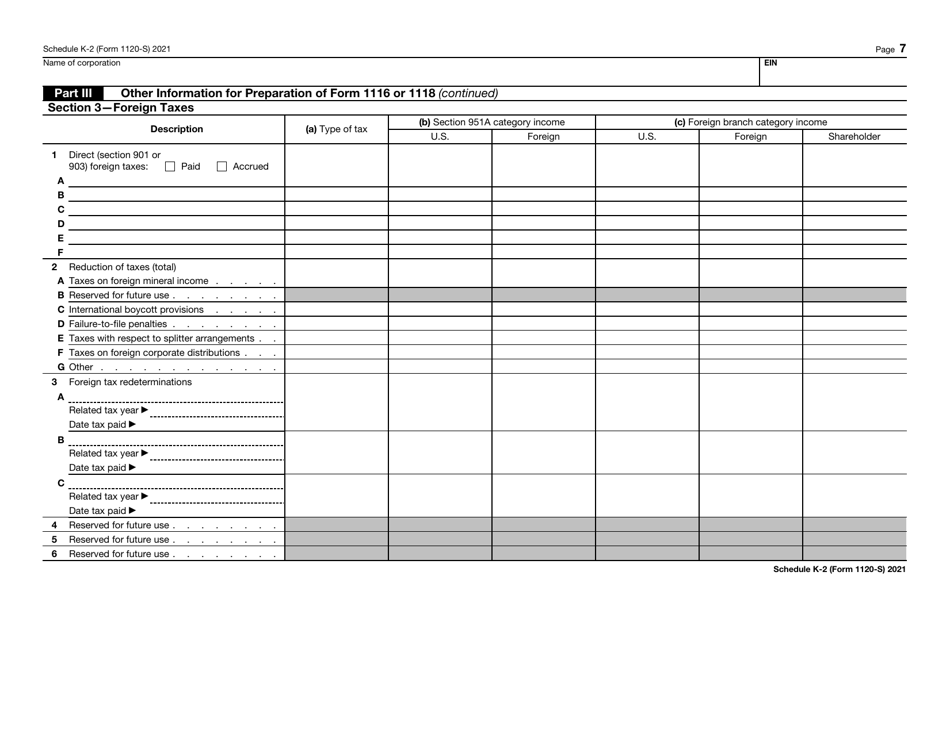 IRS Form 1120-S Schedule K-2 Shareholders Pro Rata Share Items - International, Page 7