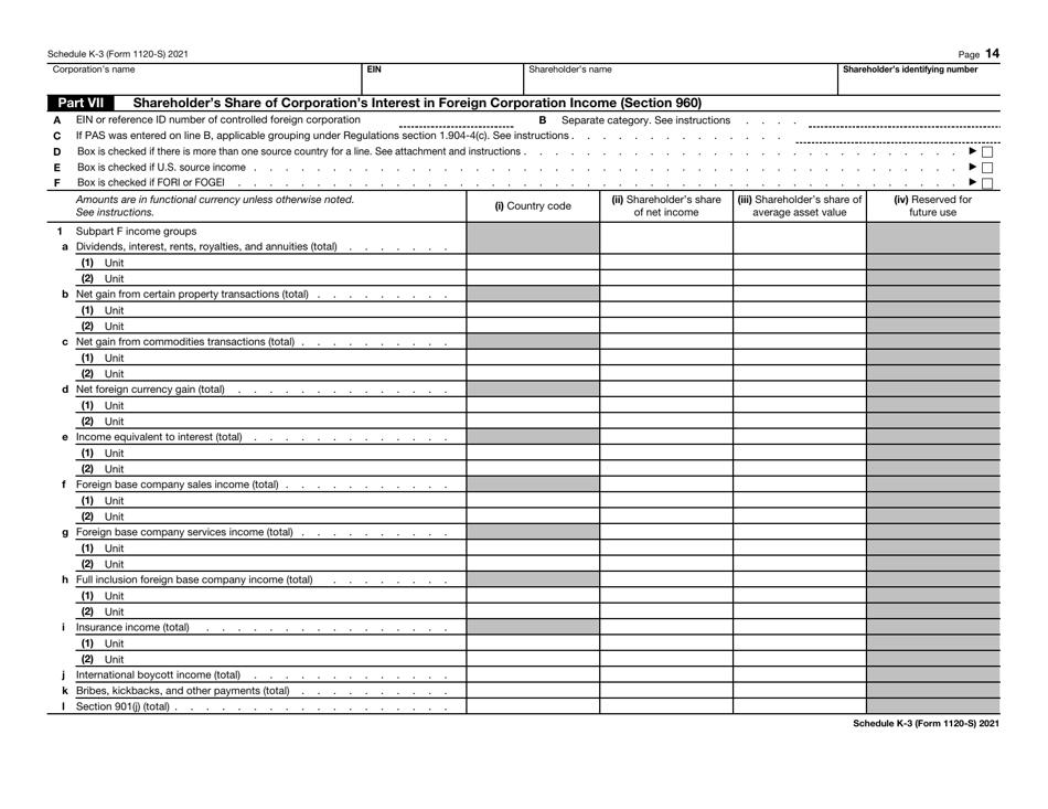 IRS Form 1120-S Schedule K-3 Shareholders Share of Income, Deductions, Credits, Etc. - International, Page 14