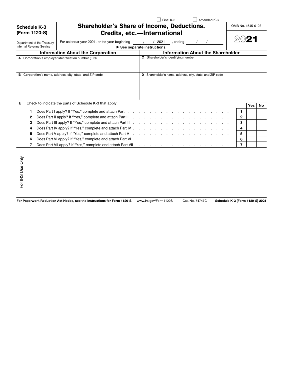 IRS Form 1120-S Schedule K-3 Shareholders Share of Income, Deductions, Credits, Etc. - International, Page 1