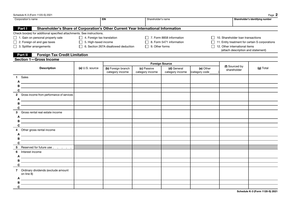 IRS Form 1120-S Schedule K-3 Shareholders Share of Income, Deductions, Credits, Etc. - International, Page 2