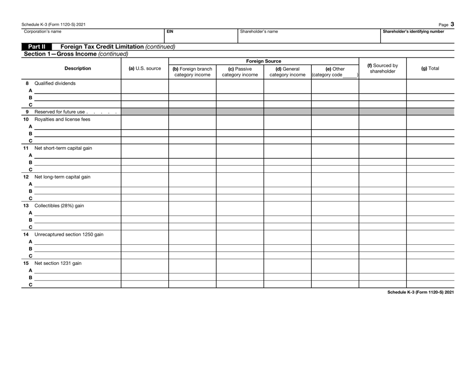 IRS Form 1120-S Schedule K-3 Shareholders Share of Income, Deductions, Credits, Etc. - International, Page 3