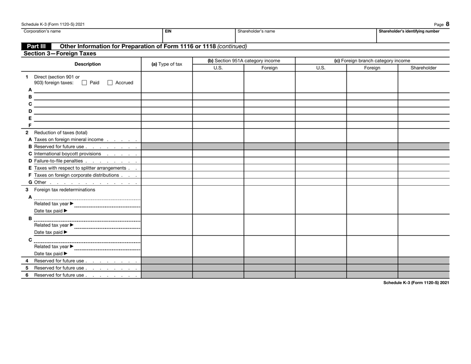 IRS Form 1120-S Schedule K-3 Shareholders Share of Income, Deductions, Credits, Etc. - International, Page 8