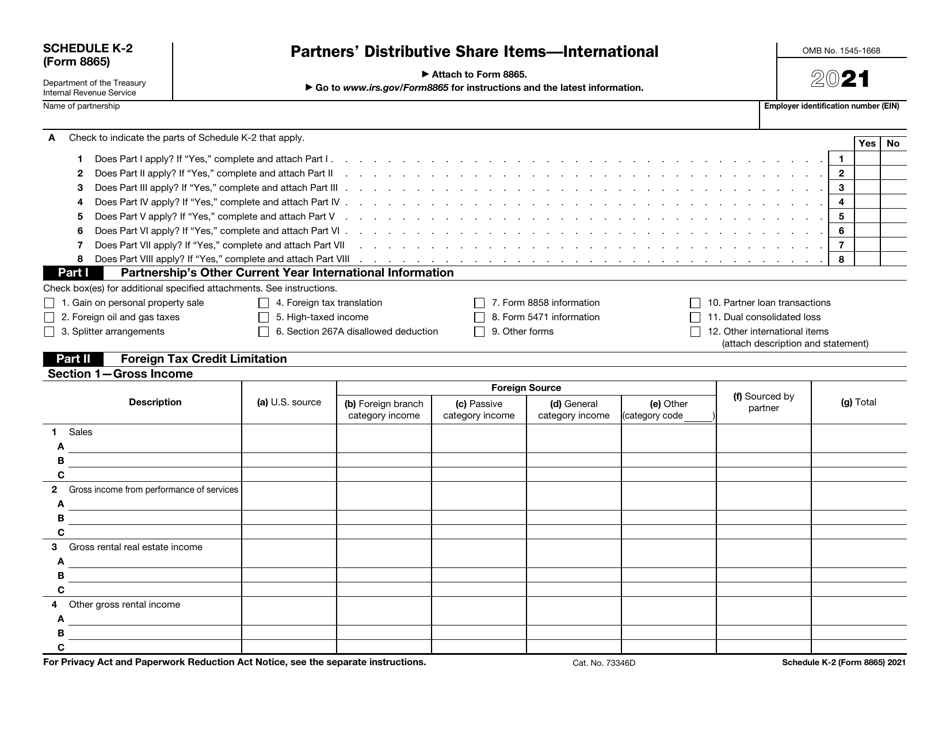 IRS Form 8865 Schedule K-2 Partners Distributive Share Items - International, Page 1