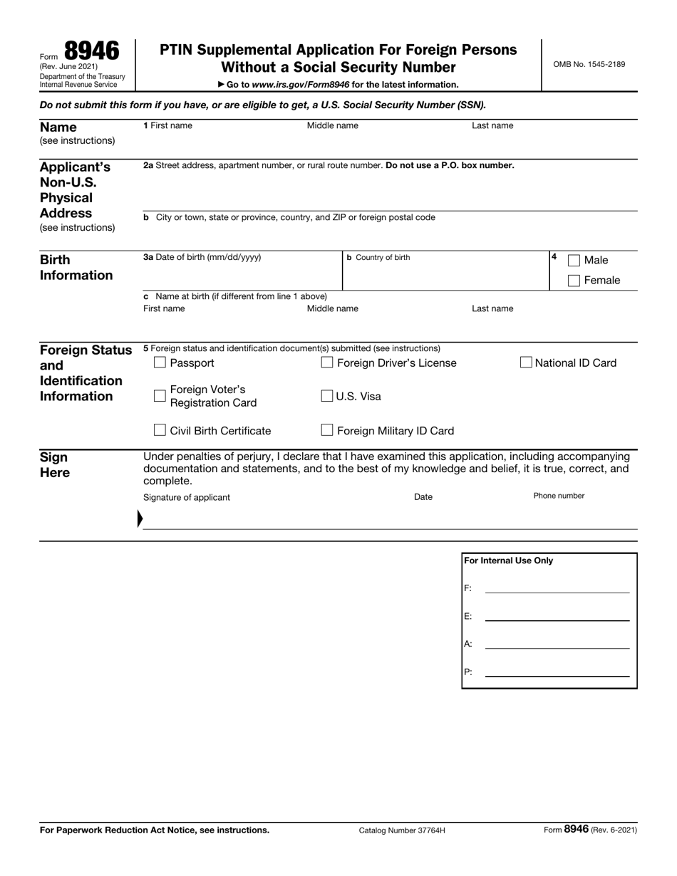 IRS Form 8946 Ptin Supplemental Application for Foreign Persons Without a Social Security Number, Page 1