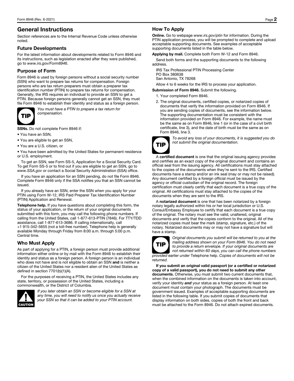 IRS Form 8946 Ptin Supplemental Application for Foreign Persons Without a Social Security Number, Page 2